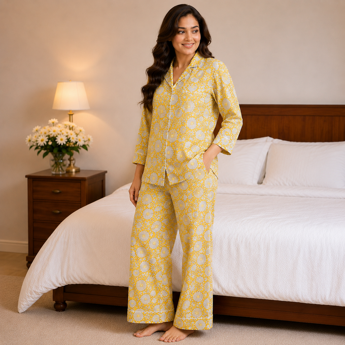 Yellow Floral Cotton Pajama Set, Block Print Sleepwear