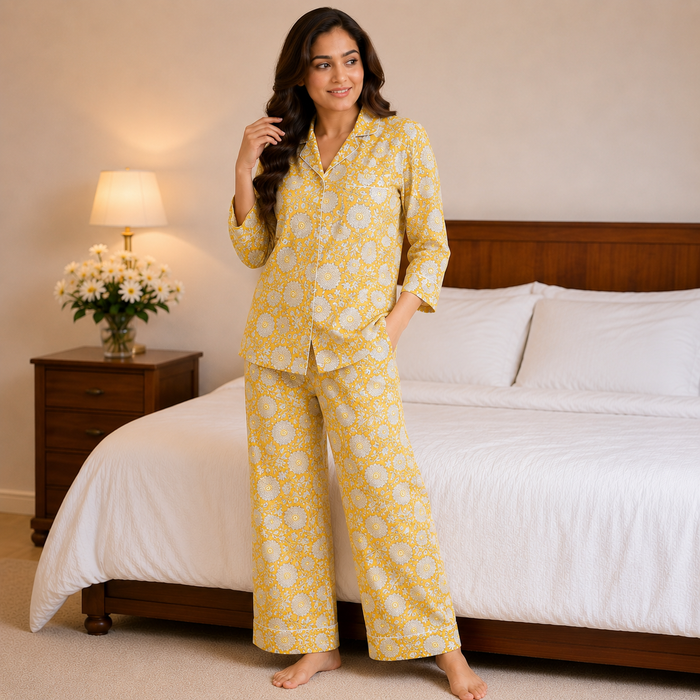 Yellow Floral Cotton Pajama Set, Block Print Sleepwear